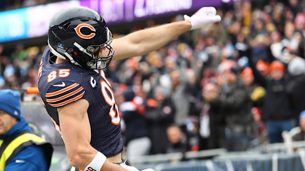 Chicago Bears tight end Cole Kmet (85) reacts after making a touchdown catch