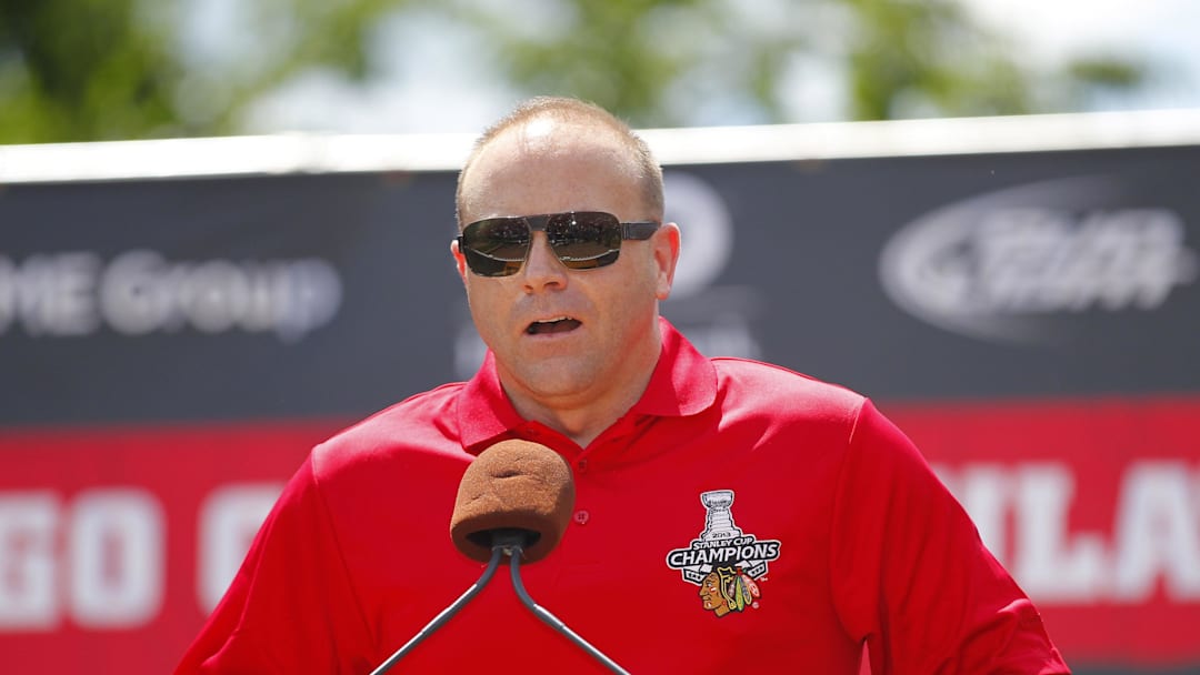Jun 28, 2013; Chicago, IL, USA; Chicago Blackhawks vice president and general manager Stan Bowman during the 2013 Stanley Cup championship celebration at Grant Park in Chicago. Mandatory Credit: Dennis Wierzbicki-Imagn Images