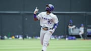 May 13, 2023; Stillwater, OK, USA;  Kansas State Wildcats infielder Kaelen Culpepper (22) points up after hitting a home run during the game against the Oklahoma State Cowboys at O'Brate Stadium. Mandatory Credit: Brett Rojo-Imagn Images