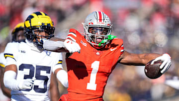 Ohio State running back Quinshon Judkins (1) celebrates a first down against Michigan during the first half at Ohio Stadium in Columbus, Ohio on Saturday, Nov. 30, 2024.