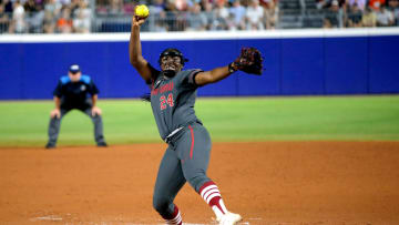 Stanford's NiJaree Canady (24) throws a pitch during the Women's College World Series game between the Oklahoma State Cowgirls and Stanford at Devon Park in Oklahoma City, Friday, May, 31, 2024.