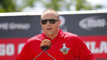 Jun 28, 2013; Chicago, IL, USA; Chicago Blackhawks vice president and general manager Stan Bowman during the 2013 Stanley Cup championship celebration at Grant Park in Chicago. Mandatory Credit: Dennis Wierzbicki-Imagn Images