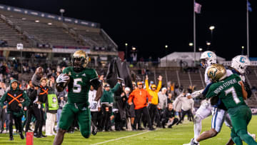 Oct 21, 2023; East Hartford, Connecticut, USA; South Florida Bulls running back Nay'Quan Wright (5) runs the ball for a touchdown against the UConn Huskies in the second half at Rentschler Field at Pratt & Whitney Stadium. Mandatory Credit: David Butler II-USA TODAY Sports