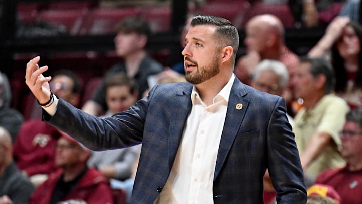 Feb 17, 2026; Tallahassee, Florida, USA; Florida State Seminoles head coach Luke Loucks reacts during the first half against the Boston College Eagles at Donald L. Tucker Center. Mandatory Credit: Melina Myers-Imagn Images
