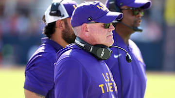 Sep 27, 2025; Oxford, Mississippi, USA; LSU Tigers head coach Brian Kelly looks on during the first quarter against the Mississippi Rebels at Vaught-Hemingway Stadium. Mandatory Credit: Petre Thomas-Imagn Images