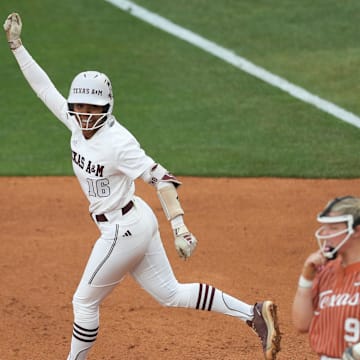 May 9, 2025; Athens, GA, USA; Texas A&M infielder KK Dement (16) reacts to her home run during a game against Texas at Jack Turner Stadium. Mandatory Credit: Mady Mertens-Imagn Images
