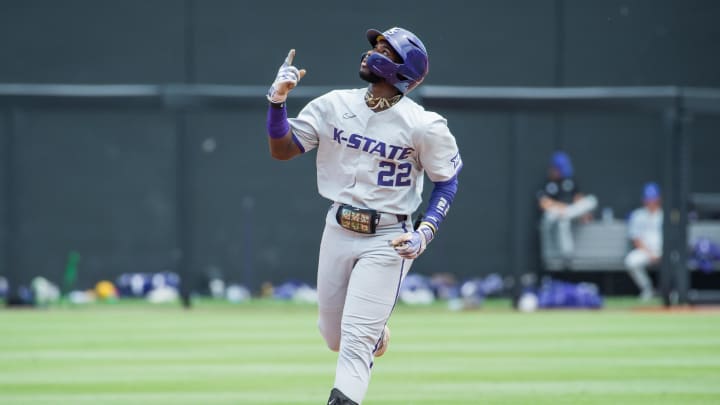 May 13, 2023; Stillwater, OK, USA;  Kansas State Wildcats infielder Kaelen Culpepper (22) points up after hitting a home run during the game against the Oklahoma State Cowboys at O'Brate Stadium.