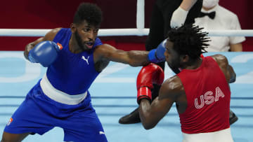 Keyshawn Davis (USA) competes against Andy Cruz (CUB) during the Tokyo 2020 Olympic Summer Games at Kokugikan Arena.