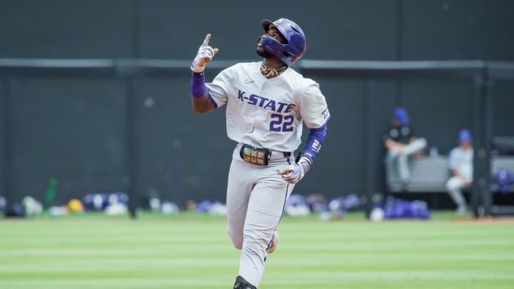 May 13, 2023; Stillwater, OK, USA;  Kansas State Wildcats infielder Kaelen Culpepper (22) points up after hitting a home run during the game against the Oklahoma State Cowboys at O'Brate Stadium. Mandatory Credit: Brett Rojo-USA TODAY Sports