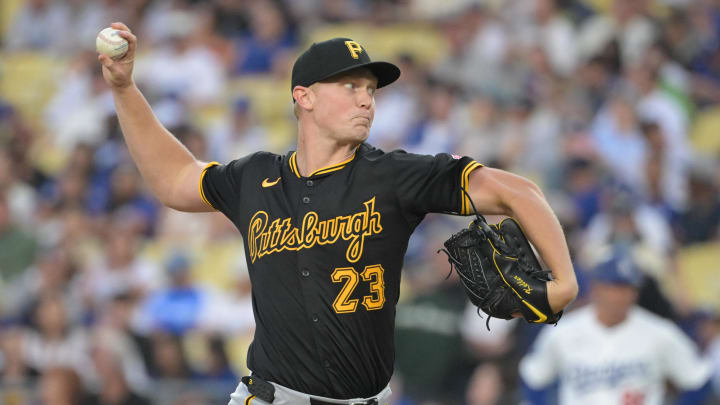 Aug 9, 2024; Los Angeles, California, USA;  Pittsburgh Pirates starting pitcher Mitch Keller (23) delivers to the plate in the first inning against the Los Angeles Dodgers at Dodger Stadium. Mandatory Credit: Jayne Kamin-Oncea-USA TODAY Sports