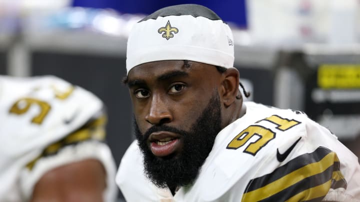 Defensive tackle Josiah Bronson Jr.  shown with the New Orleans Saints in a 2021 game against the Buffalo Bills at the Caesars Superdome.