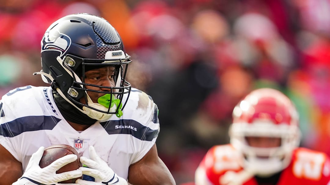 Seattle Seahawks running back Kenneth Walker III (9) runs the ball during the second half against the Kansas City Chiefs. Mandatory Credit: Jay Biggerstaff-Imagn Images
