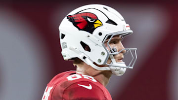 Nov 23, 2025; Glendale, Arizona, USA; Arizona Cardinals tight end Trey McBride (85) against the Jacksonville Jaguars at State Farm Stadium. Mandatory Credit: Mark J. Rebilas-Imagn Images