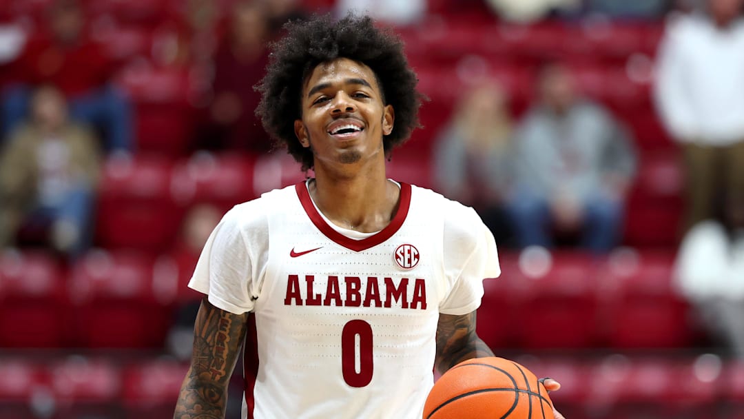 Dec 17, 2025; Tuscaloosa, Alabama, USA; Alabama Crimson Tide guard Labaron Philon (0) dribbles the ball during final minute of a game against the South Florida Bulls at Coleman Coliseum. Mandatory Credit: David Leong-Imagn Images