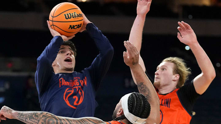 Illinois Fighting Illini guard Kylan Boswell (4) and forward Jake Davis (15) defend guard Andrej Stojakovic (2) as he shoots the ball during practice ahead of a Final Four game on Friday, April 3, 2026, at Lucas Oil Stadium in Indianapolis.