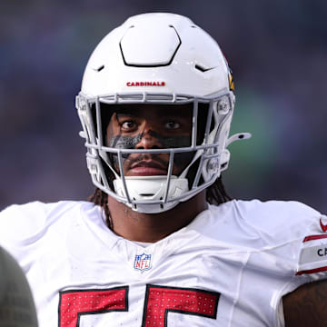 Nov 9, 2025; Seattle, Washington, USA;  Arizona Cardinals defensive tackle Dante Stills (55) looks on during the second quarter against the Seattle Seahawks at Lumen Field. Mandatory Credit: Kevin Ng-Imagn Images