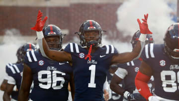 Sep 16, 2023; Oxford, Mississippi, USA; Mississippi Rebels defensive back Isheem Young (1) runs out