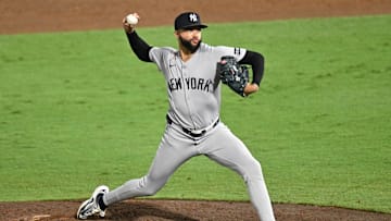 Aug 20, 2025; St. Petersburg, Florida, USA; New York Yankees relief pitcher Devin Williams (38) throws a pitch in the ninth inning against the Tampa Bay Rays  at George M. Steinbrenner Field. Mandatory Credit: Jonathan Dyer-Imagn Images