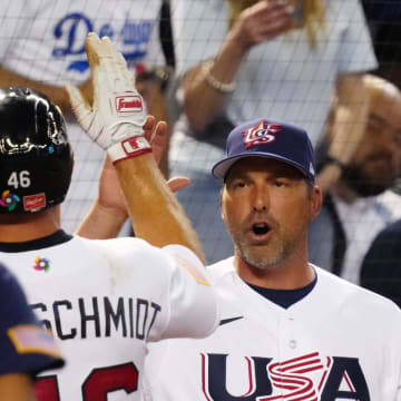 USA manager Mark DeRosa high-fives first baseman Paul Goldschmidt (46) during the World Baseball Classic against Great Britain at Chase Field in Phoenix on March 11, 2023.

Baseball World Baseball Classic Opening Day