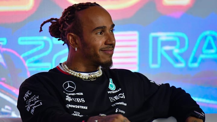 Nov 15, 2023; Las Vegas, Nevada, USA; Mercedes AMG Petronas driver Lewis Hamilton of Great Britain during media availabilities at Las Vegas Strip Circuit. Mandatory Credit: Gary A. Vasquez-USA TODAY Sports