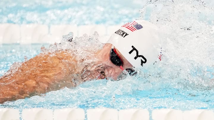 Jul 27, 2024; Nanterre, France; Katie Ledecky (USA) in the women’s 400-meter freestyle preliminary heats during the Paris 2024 Olympic Summer Games at Paris La Défense Arena. Mandatory Credit: Rob Schumacher-USA TODAY Sports