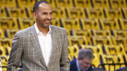 Apr 18, 2025; Memphis, Tennessee, USA; Dallas Mavericks general manager Nico Harrison watches warm ups prior to a game against the Memphis Grizzlies at FedExForum. Mandatory Credit: Petre Thomas-Imagn Images