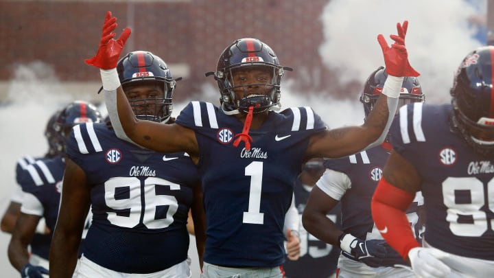 Sep 16, 2023; Oxford, Mississippi, USA; Mississippi Rebels defensive back Isheem Young (1) runs out of the tunnel prior to the game against the Georgia Tech Yellow Jackets at Vaught-Hemingway Stadium. Mandatory Credit: Petre Thomas-USA TODAY Sports