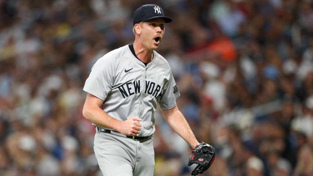 Jul 11, 2024; St. Petersburg, Florida, USA; New York Yankees pitcher Michael Tonkin (50) reacts after a play against the Tampa Bay Rays in the fifth inning at Tropicana Field.