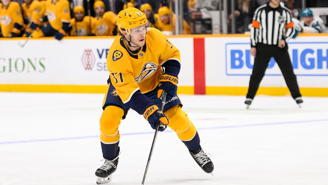 Jan 21, 2025; Nashville, Tennessee, USA;  Nashville Predators defenseman Nick Blankenburg (37) during the third period at Bridgestone Arena. Mandatory Credit: Steve Roberts-Imagn Images