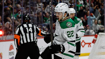 Mar 16, 2025; Denver, Colorado, USA; Dallas Stars center Mavrik Bourque (22) celebrates after his goal in the third period against the Colorado Avalanche at Ball Arena. Mandatory Credit: Isaiah J. Downing-Imagn Images