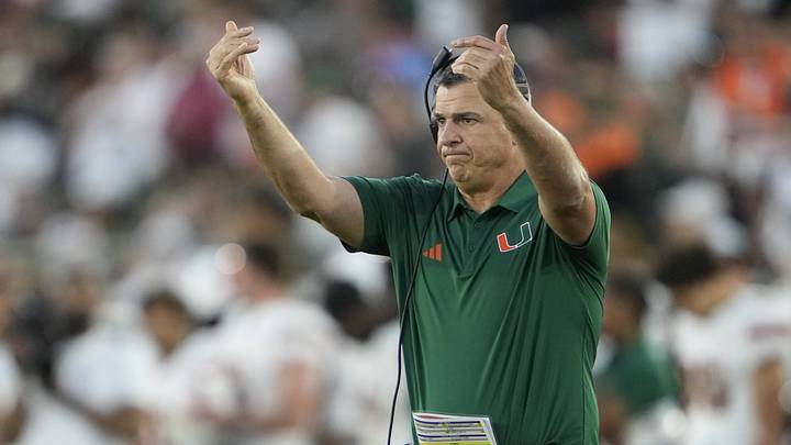 Sep 4, 2026; Stanford, California, USA;  Miami Hurricanes head coach Mario Cristobal on the sidelines during the second quarter against the Stanford Cardinal at Stanford Stadium.  Mandatory Credit: Stan Szeto-Imagn Images