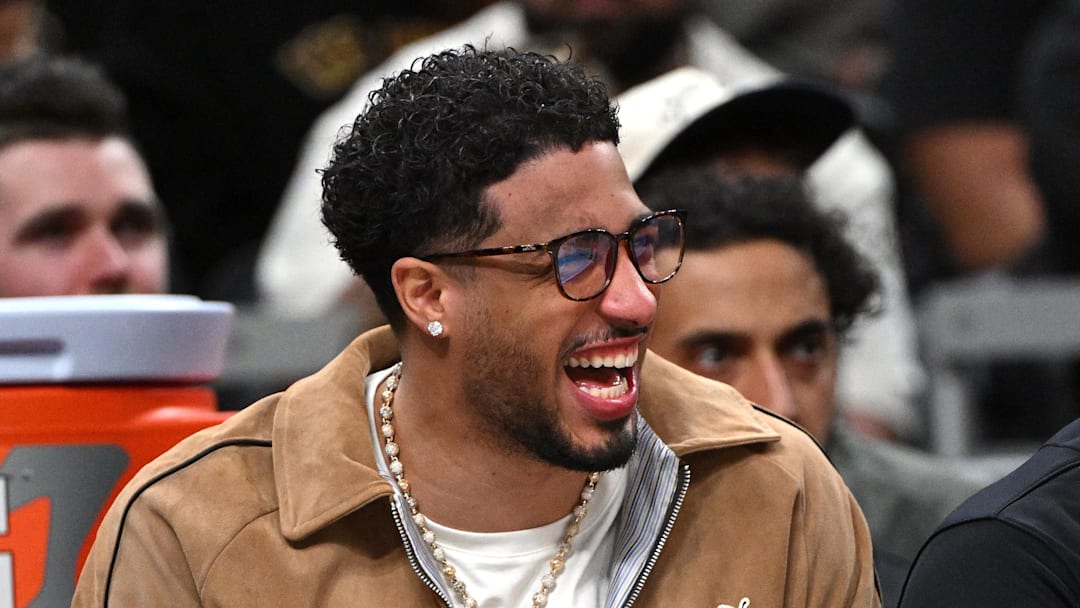 Mar 25, 2026; Indianapolis, Indiana, USA; Indiana Pacers Tyrese Haliburton laughs on the bench during the first quarter against the Los Angeles Lakers at Gainbridge Fieldhouse. Mandatory Credit: Marc Lebryk-Imagn Images