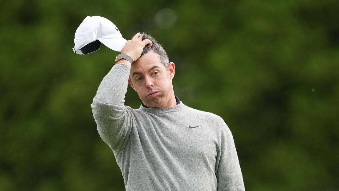 Rory McIlroy reacts on the 13th hole during the second round of the 2026 PGA Championship