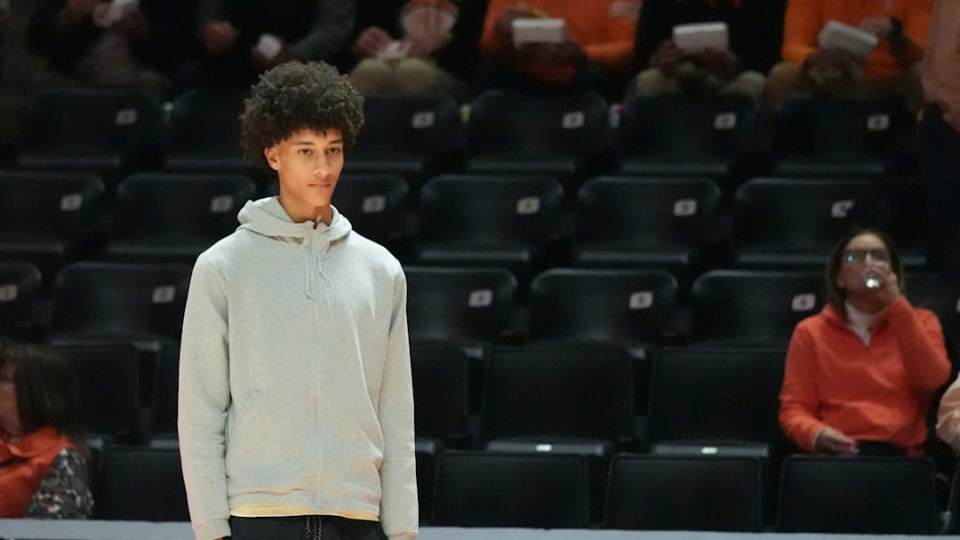 Five-star prospect Nate Ament at the NCAA college basketball game between Tennessee Kentucky on Tuesday, Jan. 28, 2025, in Knoxville, Tenn.