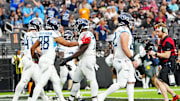 Oct 12, 2025; Paradise, Nevada, USA; Tennessee Titans tight end David Martin-Robinson (88) scores a touchdown during the second half against Las Vegas Raiders at Allegiant Stadium. Mandatory Credit: Stephen R. Sylvanie-Imagn Images