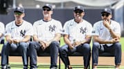 Aug 24, 2024; Bronx, New York, USA;  Former New York Yankees catcher Jorge Posada, pitchers Andy Pettitte and Mariano Rivera, and shortstop Derek Jeter during the Old Timers’ Day Ceremony at Yankee Stadium.