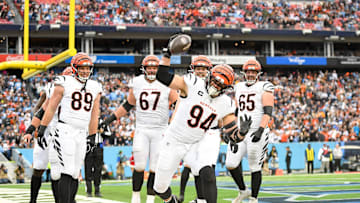 Dec 15, 2024; Nashville, Tennessee, USA;  Cincinnati Bengals defensive end Sam Hubbard (94) celebrates his touchdown with his teammates against the Tennessee Titans during the first half at Nissan Stadium. Mandatory Credit: Steve Roberts-Imagn Images