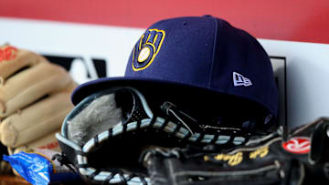 Jul 1, 2018; Cincinnati, OH, USA; A view of the on-field authentic Brewers hat in the dugout during the game of the Milwaukee Brewers against the Cincinnati Reds at Great American Ball Park. Mandatory Credit: Aaron Doster-Imagn Images