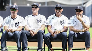 Aug 24, 2024; Bronx, New York, USA;  Former New York Yankees catcher Jorge Posada, pitchers Andy Pettitte and Mariano Rivera, and shortstop Derek Jeter during the Old Timers’ Day Ceremony at Yankee Stadium.