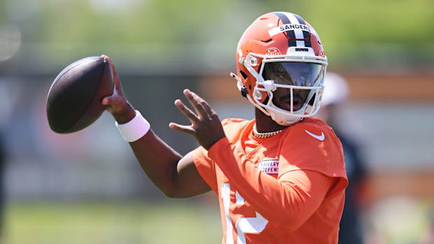 May 10, 2025; Berea, OH, USA; Cleveland Browns quarterback Shedeur Sanders (12) throws a pass during rookie minicamp at Cross