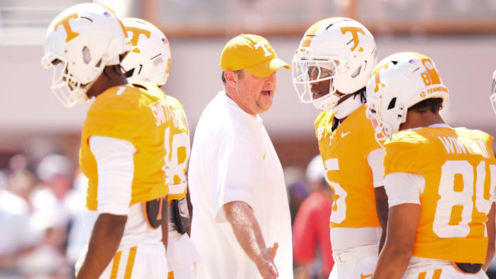 Tennessee head coach Josh Heupel encouraging his team during the NCAA college football game against Georgia on September 13, 2025, Knoxville, Tennessee.