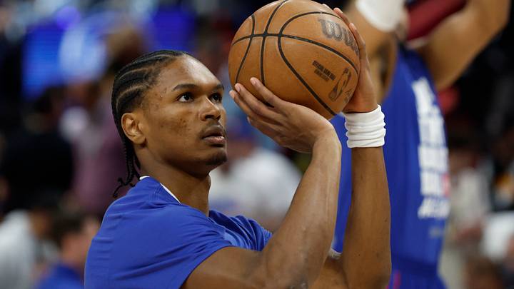 May 5, 2026; Detroit, Michigan, USA; Detroit Pistons guard Ausar Thompson (9) warms up before game one of the second round against the Cleveland Cavaliers of the 2026 NBA Playoffs at Little Caesars Arena. Mandatory Credit: Rick Osentoski-Imagn Images