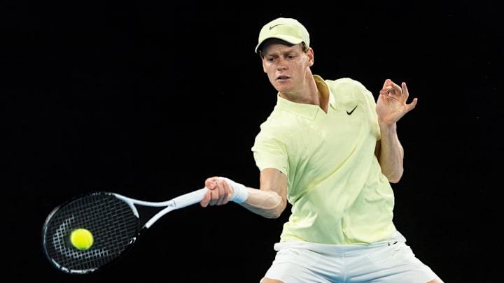 Jan 22, 2025; Melbourne, Victoria, Australia; Jannik Sinner of Italy hits a forehand during his match against Alex de Minaur of Australia in the quarterfinals of the men's singles at the 2025 Australian Open at Melbourne Park. Mandatory Credit: Mike Frey-Imagn Images Jan 22, 2025; Melbourne, Victoria, Australia; Jannik Sinner of Italy hits a forehand during his match against Alex de Minaur of Australia in the quarterfinals of the men's singles at the 2025 Australian Open at Melbourne Park. Mandatory Credit: Mike Frey-Imagn Images