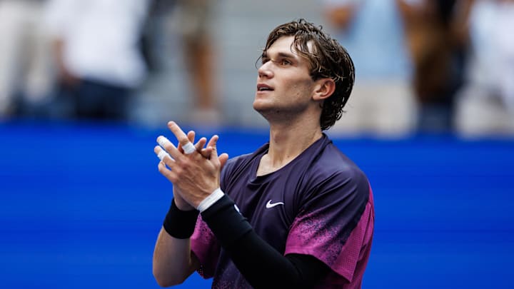 Sep 4, 2024; Flushing, NY, USA; Jack Draper of Great Britain celebrates after defeating Alex de Minaur of Australia on day nine of the U.S. Open tennis tournament at the USTA Billie Jean King National Tennis Center. Mandatory Credit: Mike Frey-Imagn Images