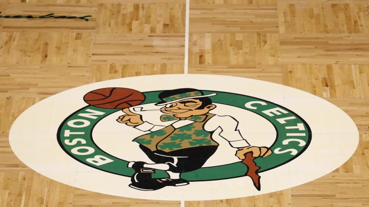 Jan 25, 2022; Boston, Massachusetts, USA; The Boston Celtics logo is seen on the parquet floor before the game between the Boston Celtics and the Sacramento Kings at TD Garden. Mandatory Credit: Winslow Townson-USA TODAY Sports
