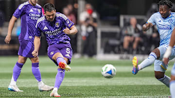 May 28, 2025; Atlanta, Georgia, USA; Orlando City midfielder Cesar Araujo (5) scores a goal against Atlanta United during the first half at Mercedes-Benz Stadium. Mandatory Credit: Dale Zanine-Imagn Images