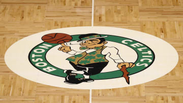 Jan 25, 2022; Boston, Massachusetts, USA; The Boston Celtics logo is seen on the parquet floor