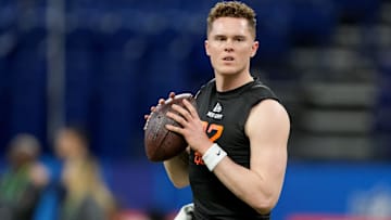 Mar 1, 2025; Indianapolis, IN, USA; Missouri quarterback Brady Cook (QB02) during the 2025 NFL Combine at Lucas Oil Stadium. Mandatory Credit: Kirby Lee-Imagn Images