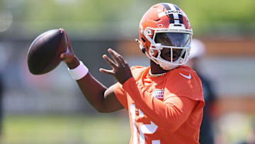 May 10, 2025; Berea, OH, USA; Cleveland Browns quarterback Shedeur Sanders (12) throws a pass during rookie minicamp at CrossCountry Mortgage Campus. Mandatory Credit: Ken Blaze-Imagn Images