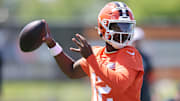 May 10, 2025; Berea, OH, USA; Cleveland Browns quarterback Shedeur Sanders (12) throws a pass during rookie minicamp at CrossCountry Mortgage Campus. Mandatory Credit: Ken Blaze-Imagn Images